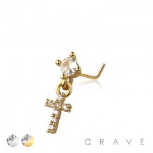 CZ CROSS DANGLE CZ 316L SURGICAL STEEL L-SHAPE NOSE RING